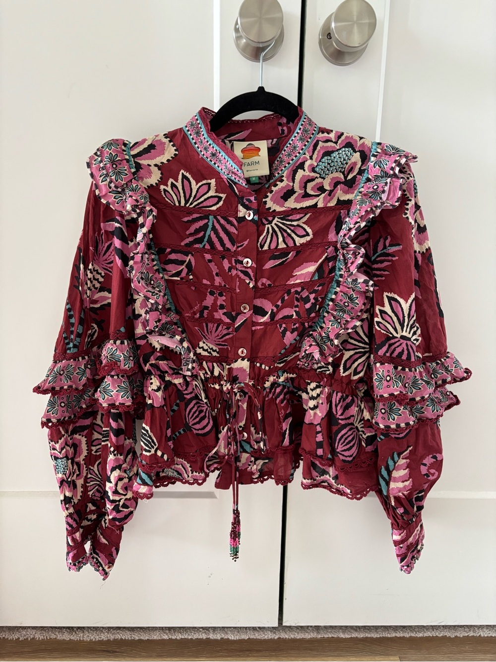 Farm Rio Mock Neck Button Front Ruffled Blouse - Picture 2 of 7